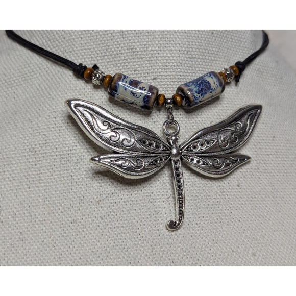 Dragonfly Charm Pendant Brown Blue Ceramic Boho Hippie Adjustable Neckla… - Picture 3 of 3